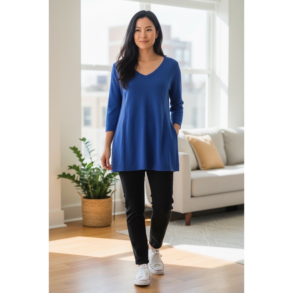 L Soft Surroundings Royal Blue‎ V-Neck 3/4 Sleeve Tunic Sweater Knit Sz L